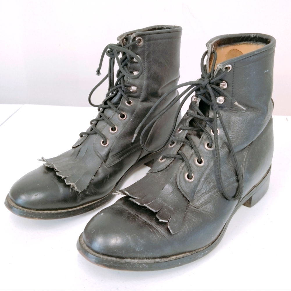 Justin Boots Youth Girls 5.5 Kiltie Western Leather Lace Up Combat Boots Vintage
